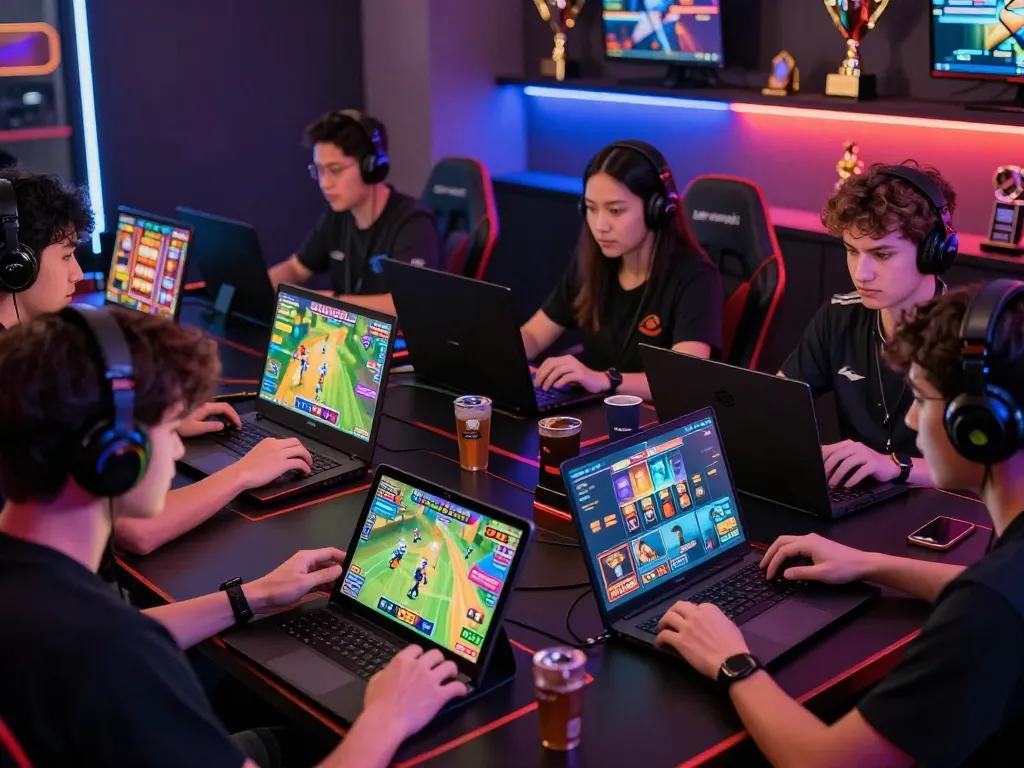 Engaging online gaming environment with players enjoying onbet games on tablets and laptops, lively atmosphere.