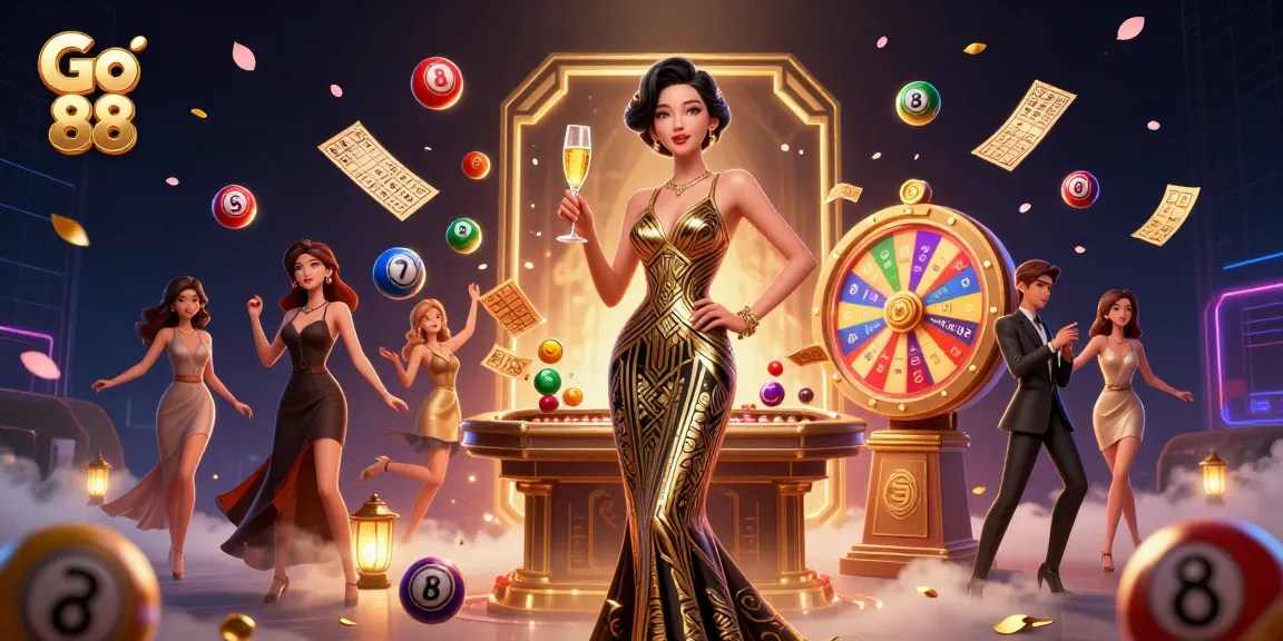 Engage with Go 88 at a vibrant casino scene, featuring dynamic lottery elements and glamorous depiction.