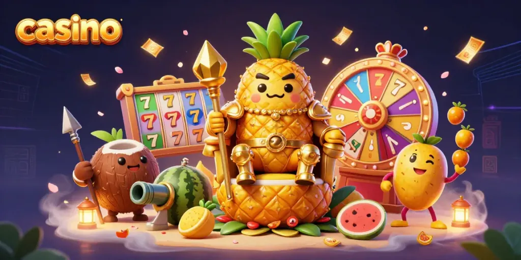 Experience a vibrant casino scene with the golden pineapple king at the center, surrounded by lively game elements.