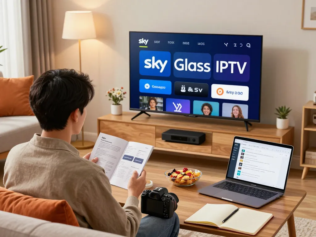 Sky Glass IPTV installation Guide setup in a cozy living room with smart TV and user manuals.
