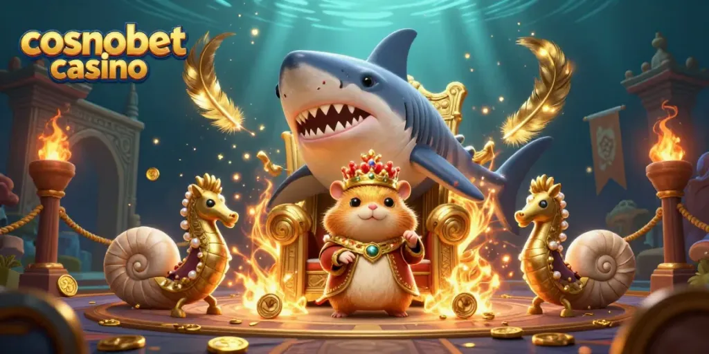 Experience the thrill of cosmobet casino with a fierce hamster king surrounded by royal seahorse guards.