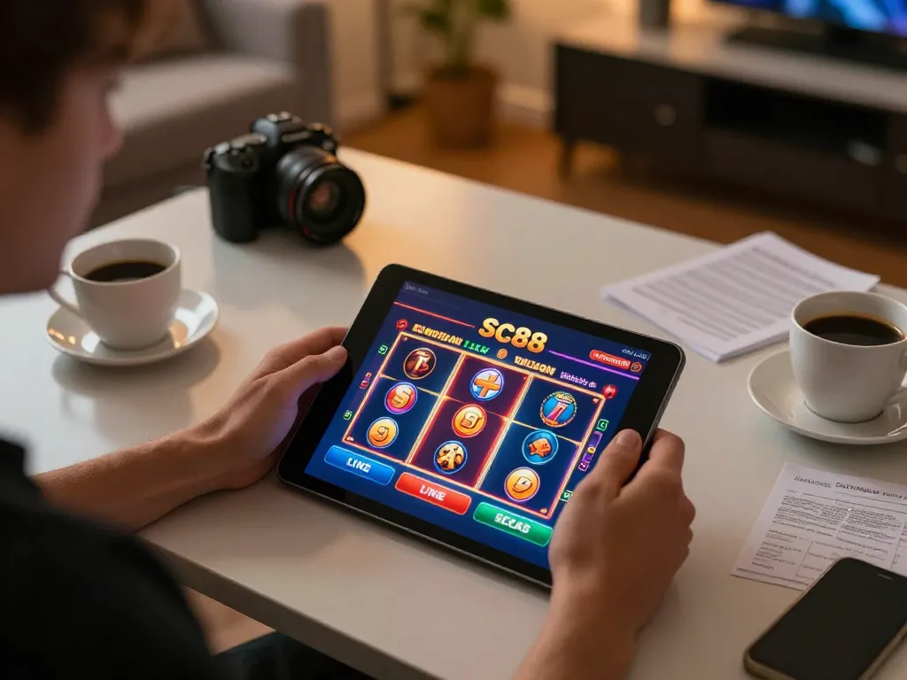 Engaging with sc88 online casino games on a tablet in a cozy home environment with vibrant visuals