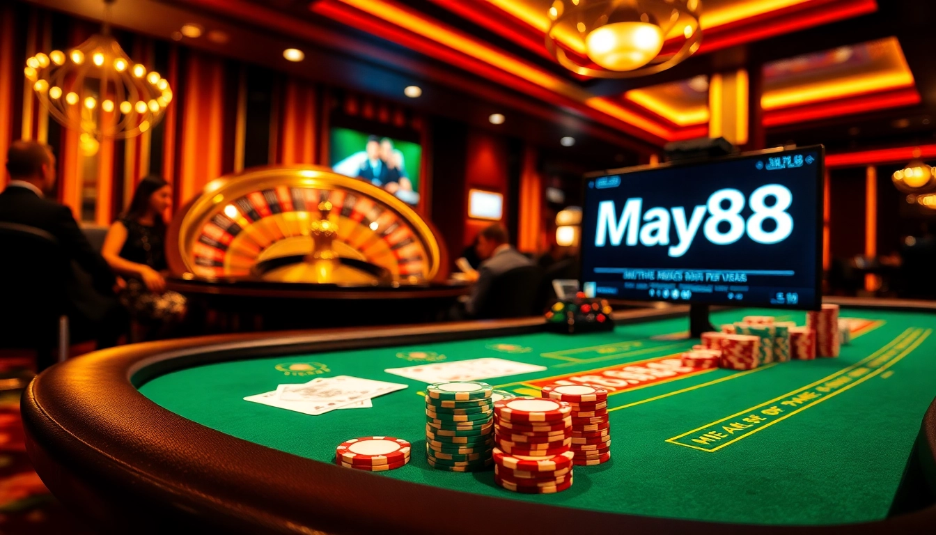 Experience an immersive blackjack game at May88, with high stakes and vibrant casino ambiance.