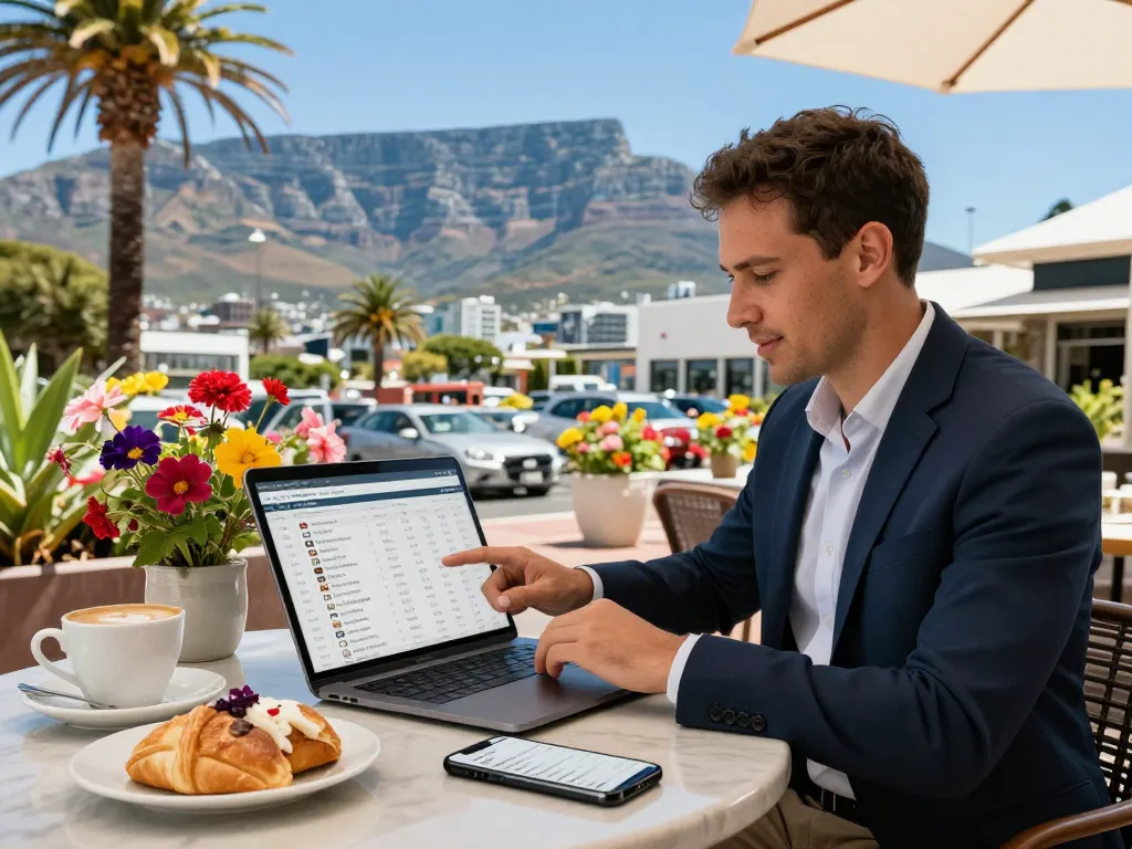 Engaging scene of airbnb management cape town with a property manager reviewing listings outdoors, showcasing vibrant local culture.