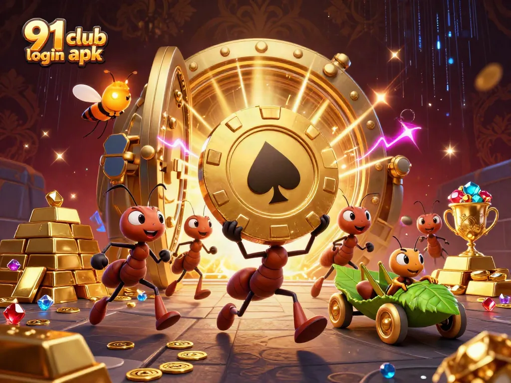 Engage with the thrilling 91 club login apk featuring cartoon ants heisting a golden poker chip.