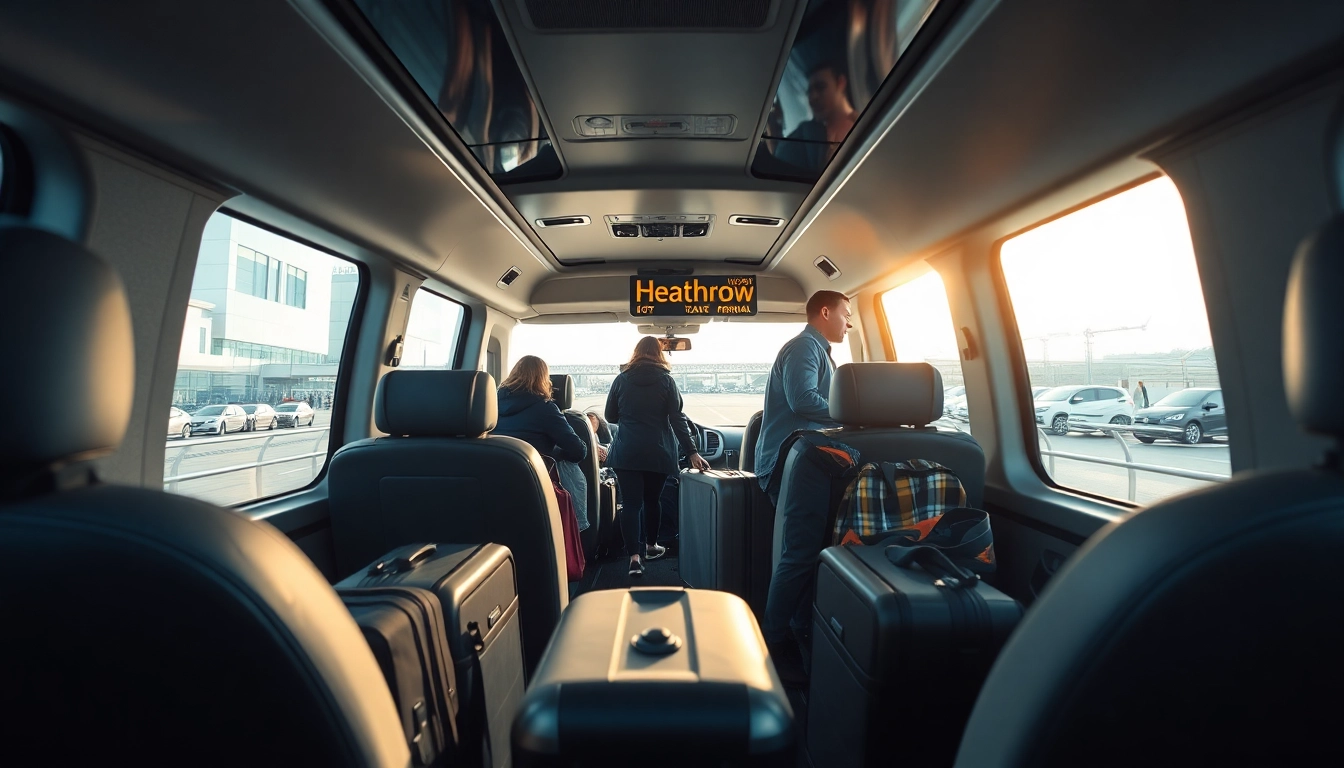 Passengers loading luggage into a vehicle at Heathrow airport terminal, showcasing efficient travel.