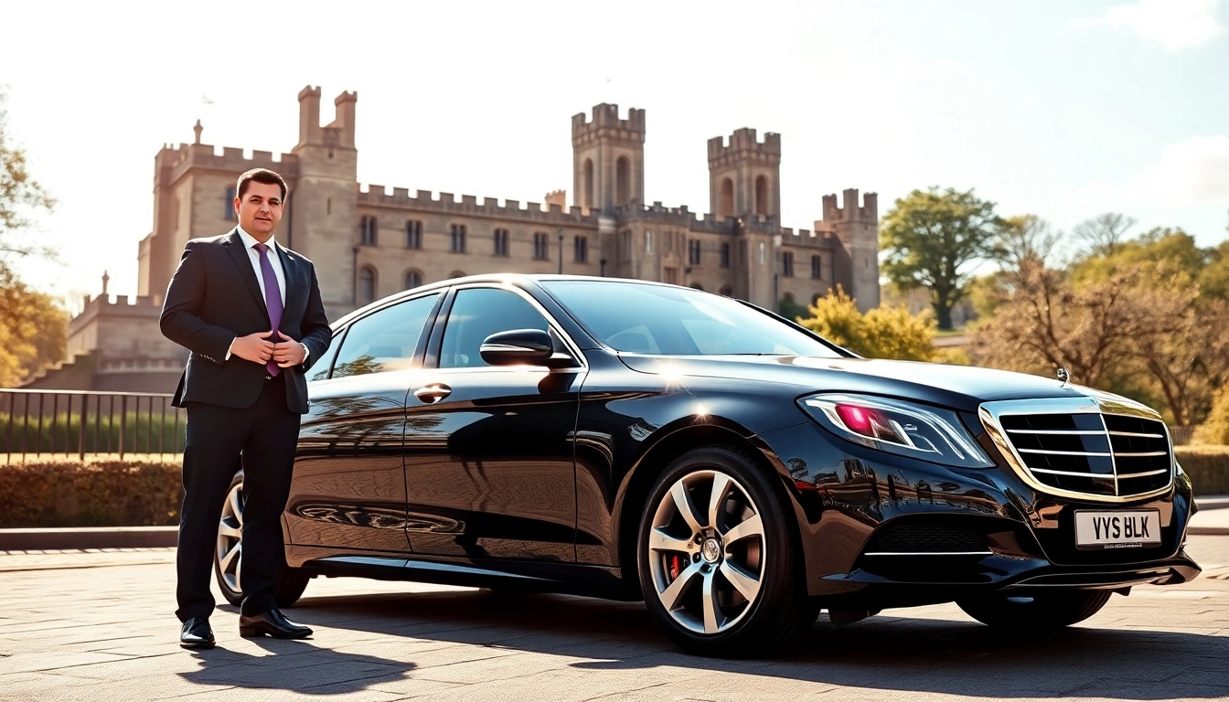 Chauffeur Nottingham by a luxury car ready for hire in Nottingham's elegant backdrop.