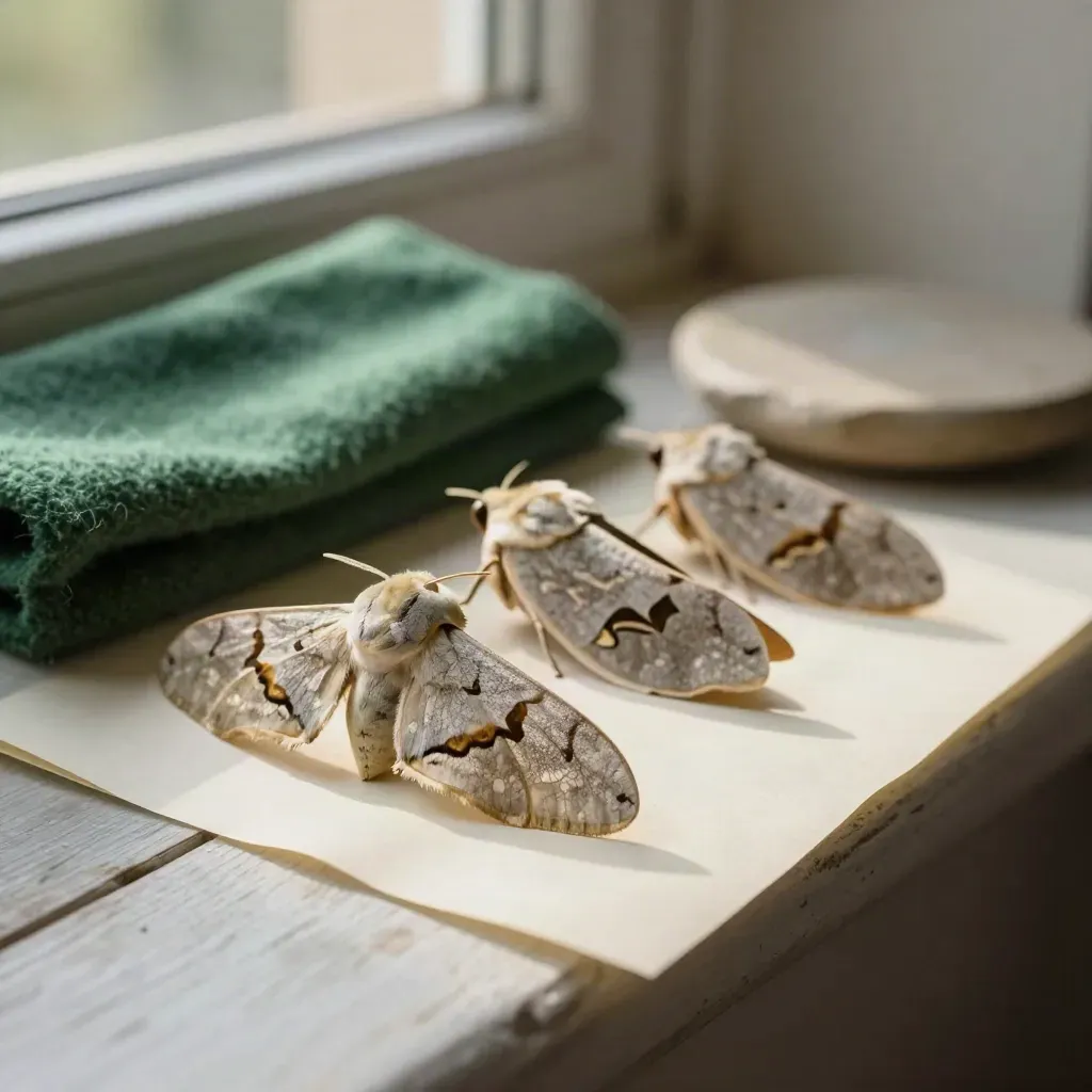 Three moths resting on a pale dawn sheet beside wool and stone, softly lit in a calm natural scene