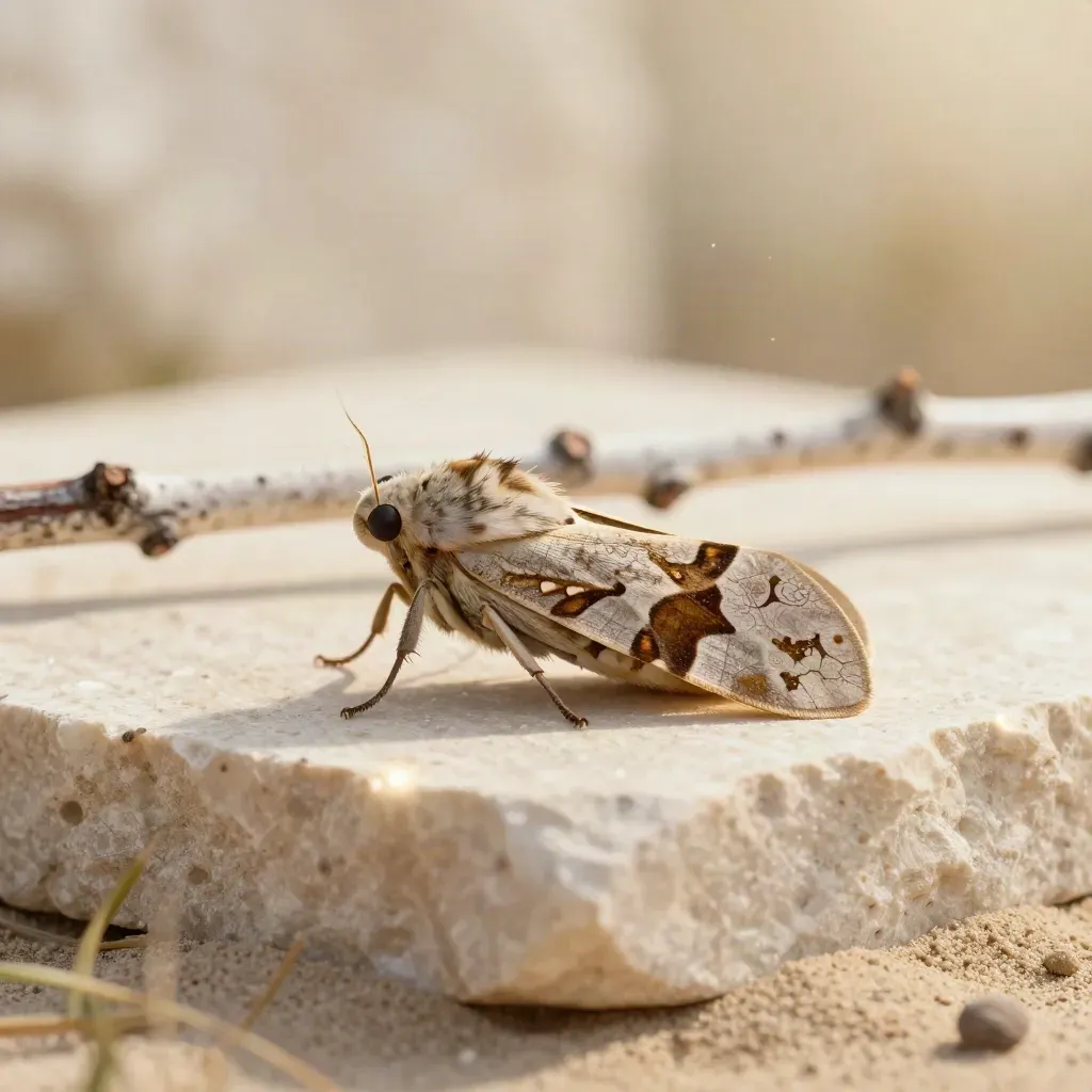 Hebrew Character moth on cream stone with dry grass and birch twig, side-on macro
