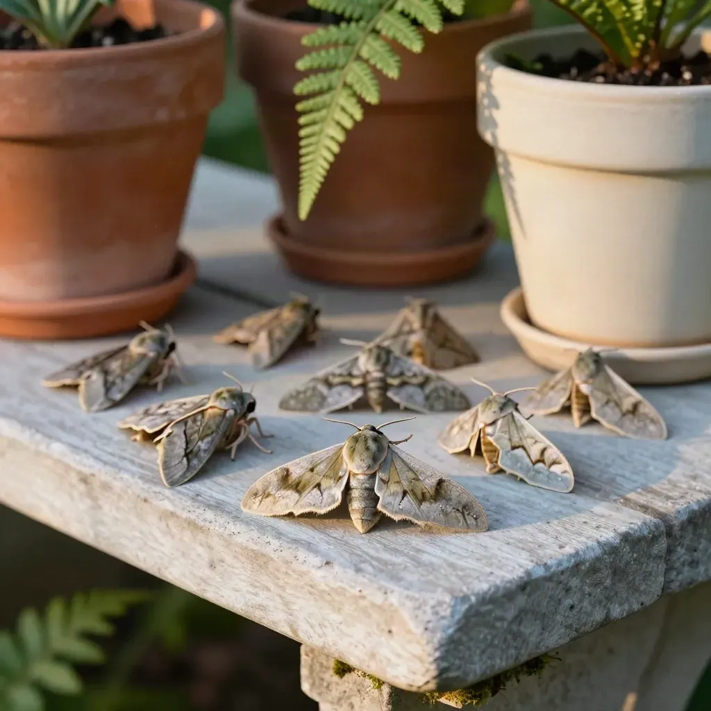 Cluster of moths on a stone bench beside herb pots and a fern frond at dawn
