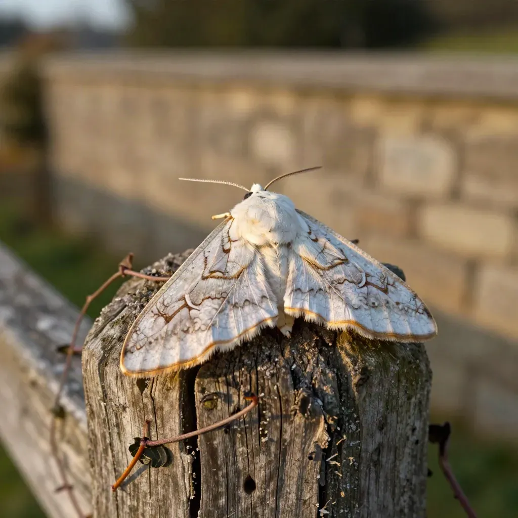 Buff-tip moth pressed flat on bark with ivy tendril and soft dusk garden wall