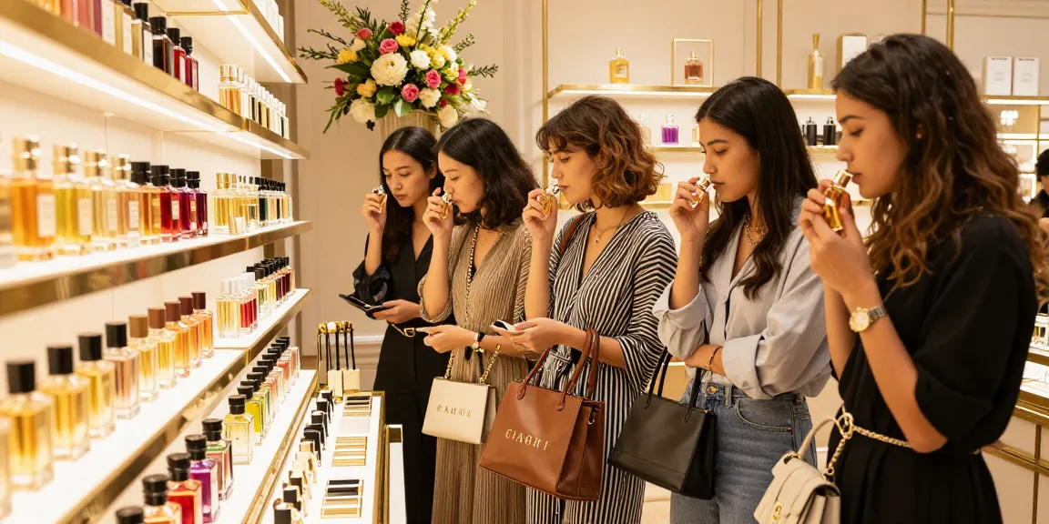 Friends enjoying fragrance shopping showcasing the latest perfume deals and discounts in an elegant boutique.
