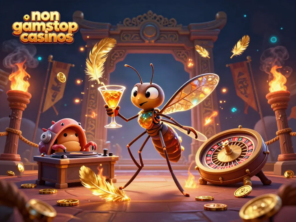 Experience non gamstop casinos with an energetic 3D scene featuring unique casino mascots and lavish gaming elements.