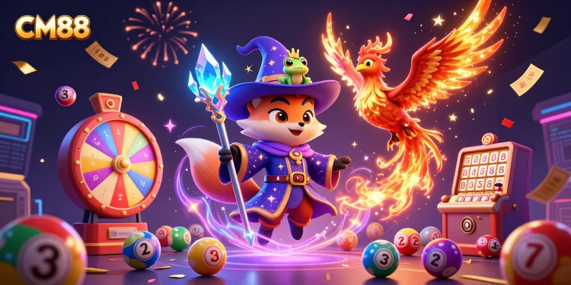 Engage with CM88's thrilling gaming world featuring vibrant lottery elements and magical characters.