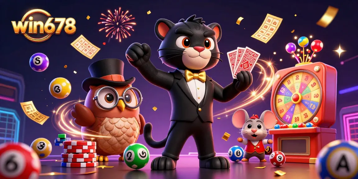 Win678 themed illustration with a stylish panther, owl, and mouse amid vibrant casino elements
