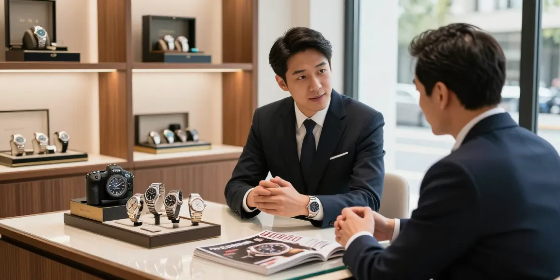 Engaging luxury boutique scene highlighting super clone watches with elegant displays and knowledgeable staff.