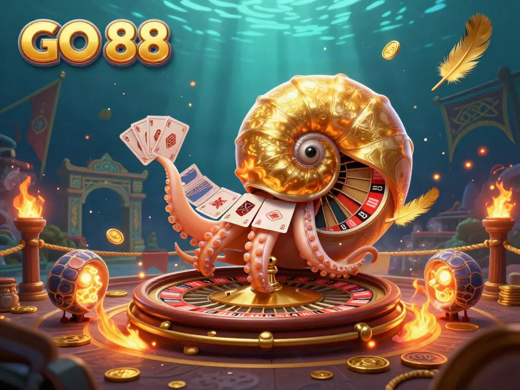 Experience the excitement of GO 88 with a dynamic casino scene featuring a giant nautilus and glowing ammonite fossils.