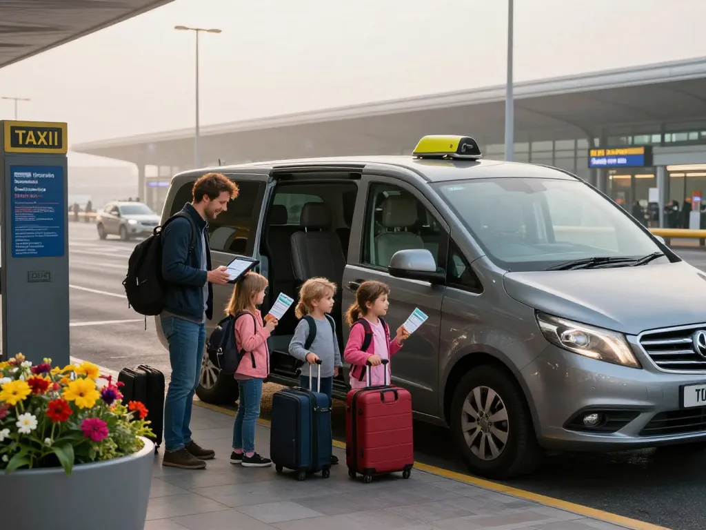 Taxi to Liverpool airport family with luggage ready for travel at terminal.