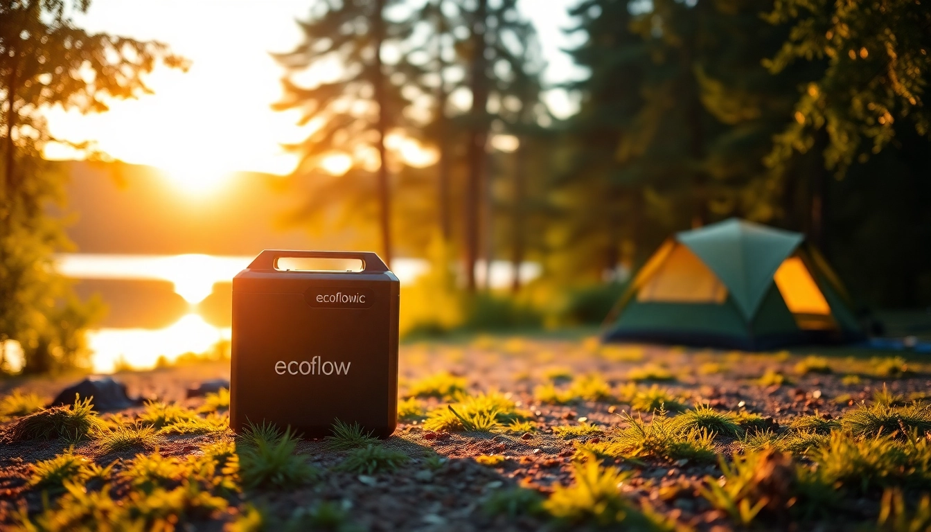EcoFlow portable power station lighting up a campsite at sunset.