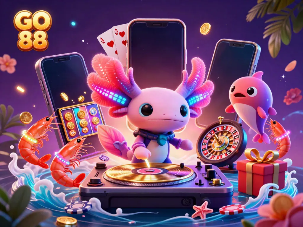 Experience the GO 88 thrill with dynamic neon characters and vibrant casino elements in a lively underwater party.