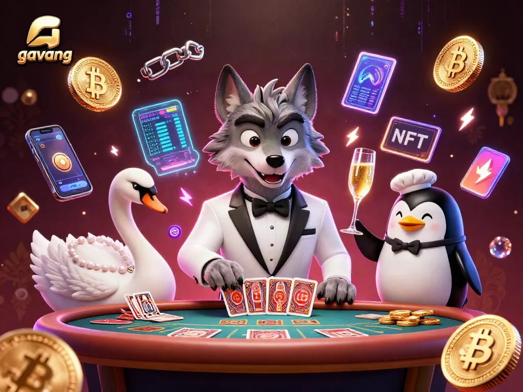 Play baccarat with gavang's glamorous wolf, swan, and penguin at a dazzling casino scene.