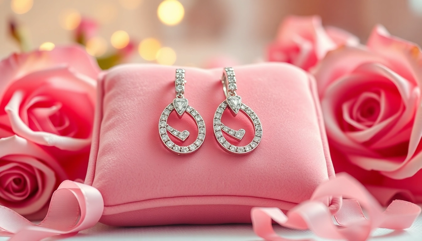 Showcasing diamond helix earrings for Valentine’s Day on a soft velvet cushion with delicate roses.