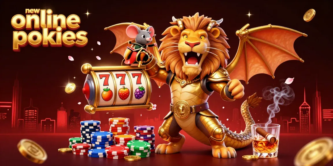 Engaging with new online pokies, a chimera celebrates a big win at a vibrant casino scene.
