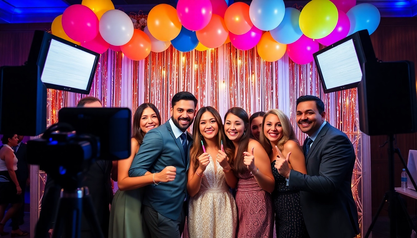 Guests enjoying a photo booth rental chicago with festive décor at a lively event.