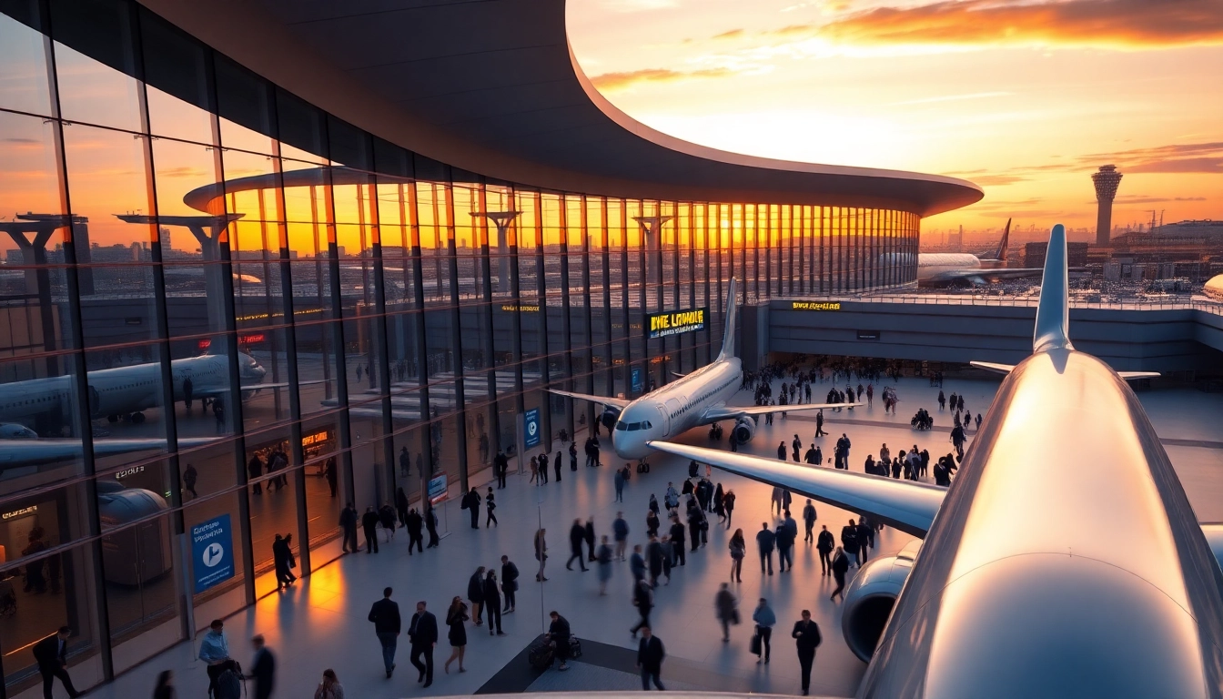 Travelers and planes at London City airport during sunset, showcasing vibrant activity and architecture.