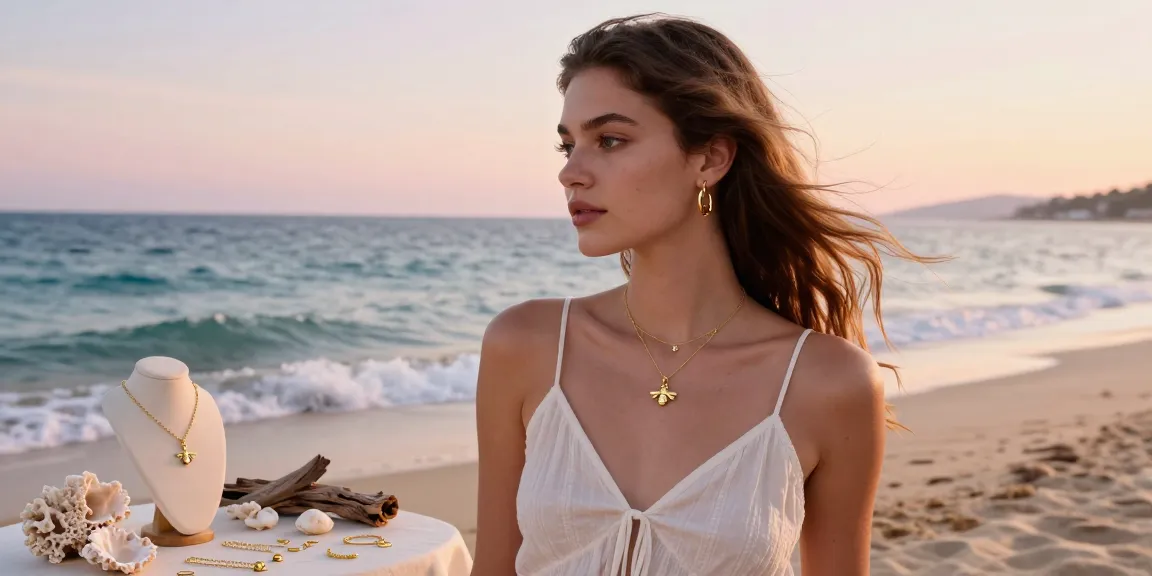 Young woman showcasing Dainty London gold jewellery at the beach, embodying the essence of a british jewellery brand.