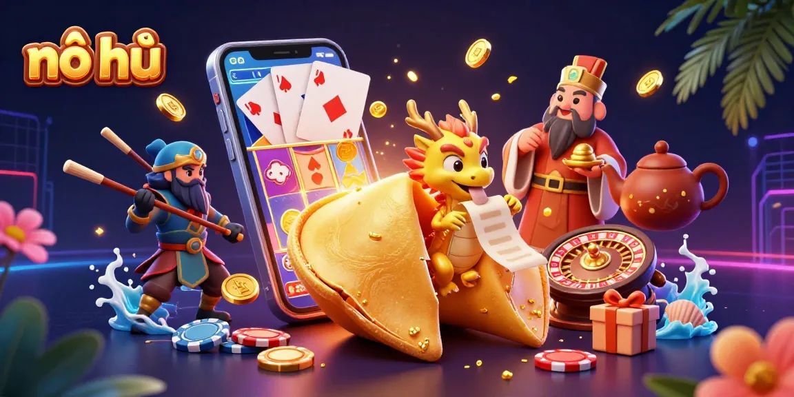 Experience nổ hũ excitement with colorful slot games, giant fortune cookie, and engaging characters!
