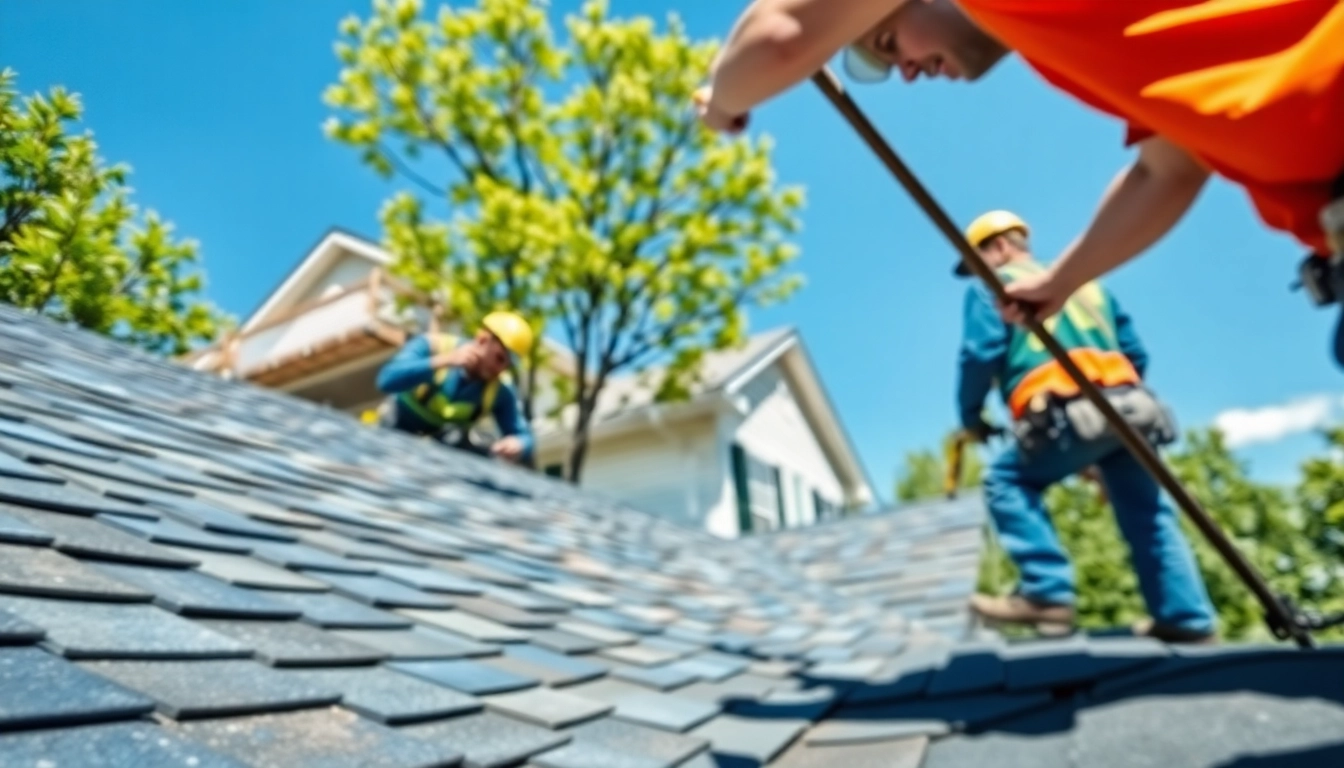 Roofing company team installs shingles on a residential building under bright sunlight.