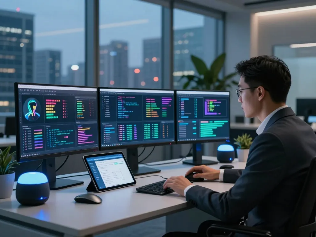 Engaged professional analyzing sex AI data at a high-tech workstation