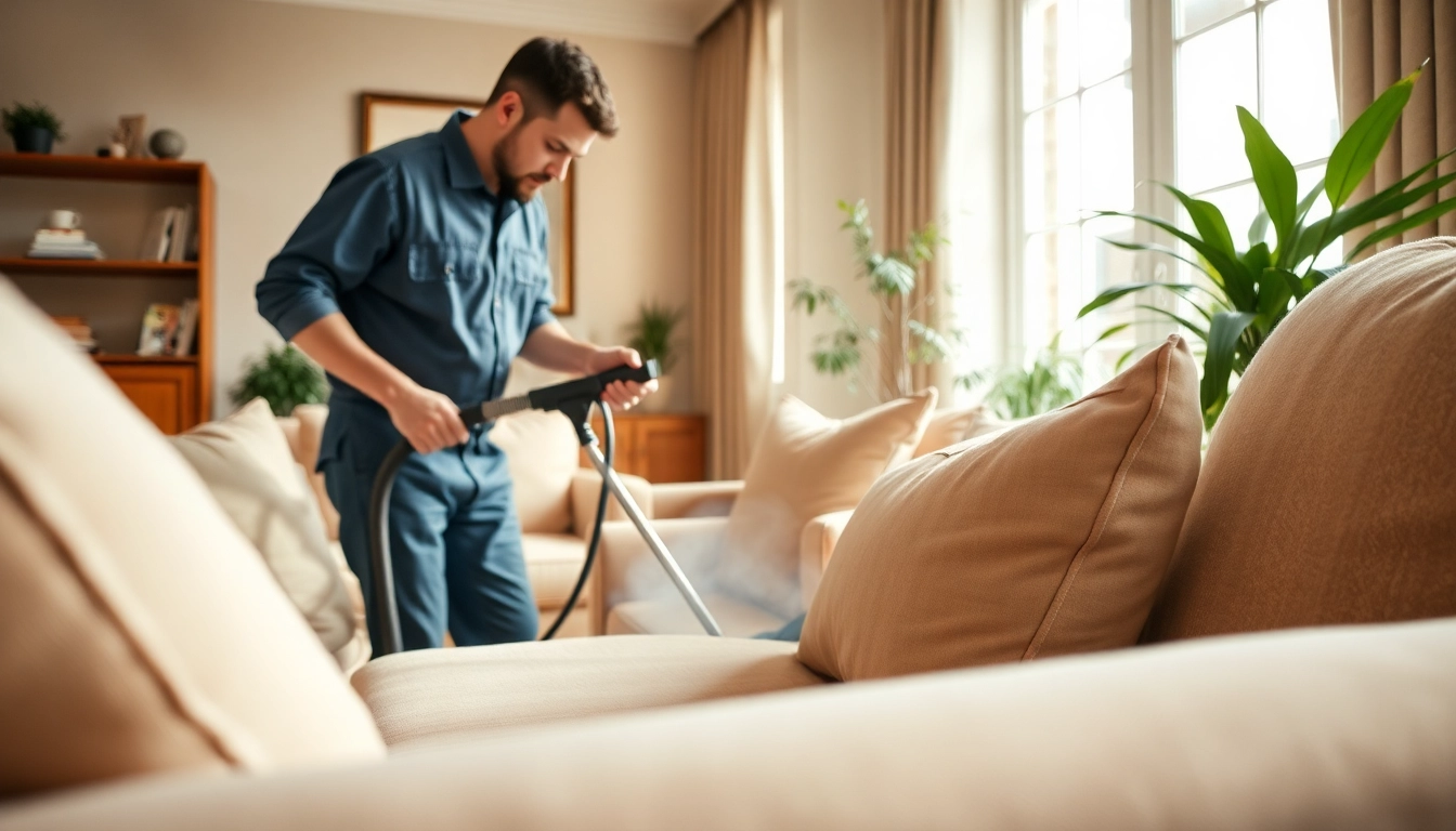 Upholstery cleaning in Glasgow showcasing a technician transforming furniture with expert care.