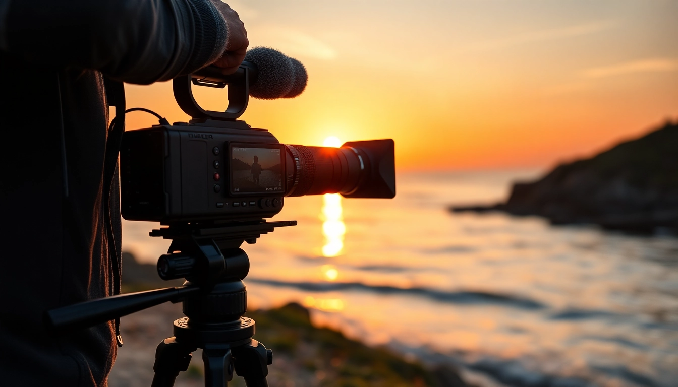 Capture video capture of a professional videographer in action with a stunning sunset backdrop.