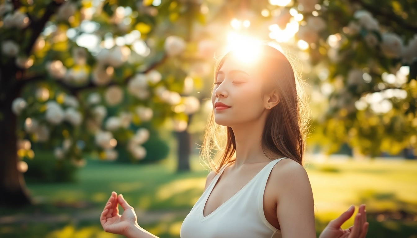 A woman practicing meditation in a natural setting, promoting mental wellness and tranquility.