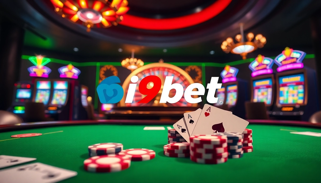 Experience thrilling gambling action at i9bet with a vibrant casino scene showcasing slots and poker.