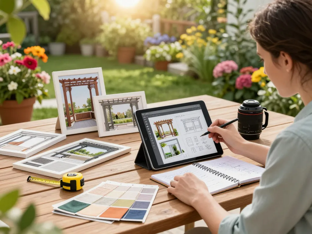 Designer using pergola configurator app to create a unique outdoor space
