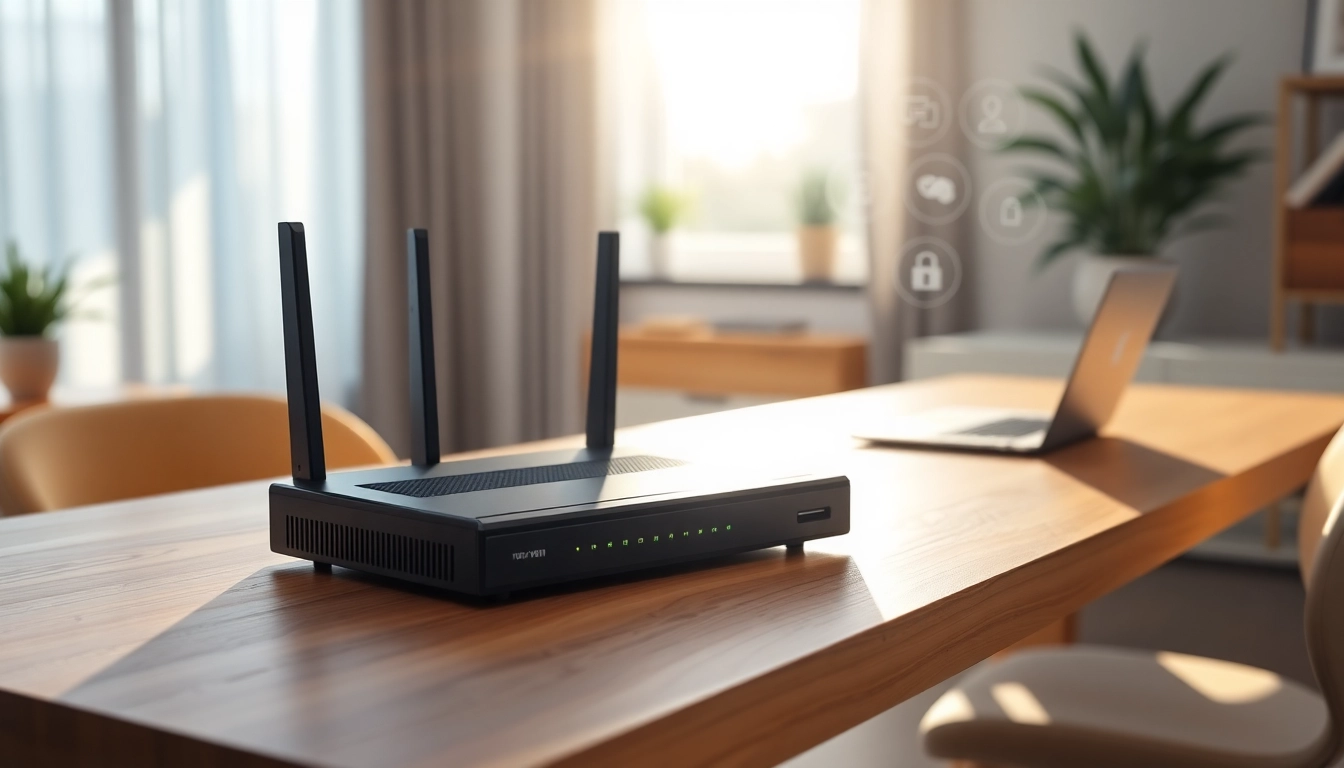 Set up a pre configured VPN router in a modern office showcasing optimized digital security.