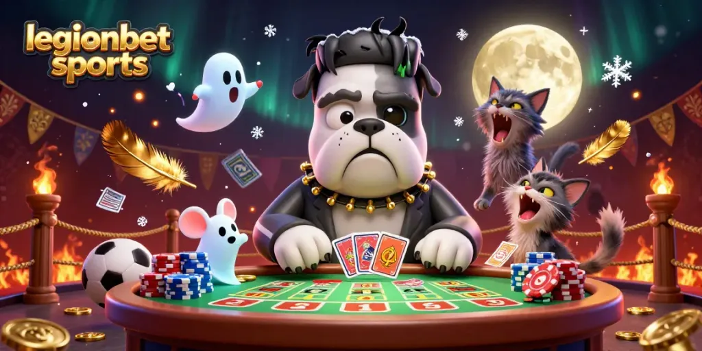Engage with legionbet sports as a Frankenstein bulldog deals betting chips in a lively casino scene.