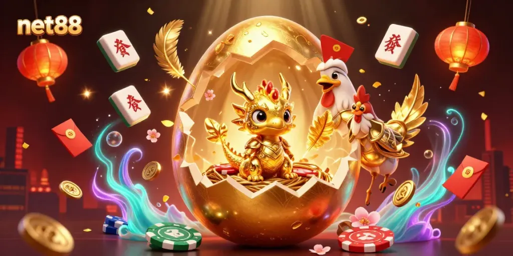 Engage with net88’s dynamic online betting world with golden dragon and poker chips.