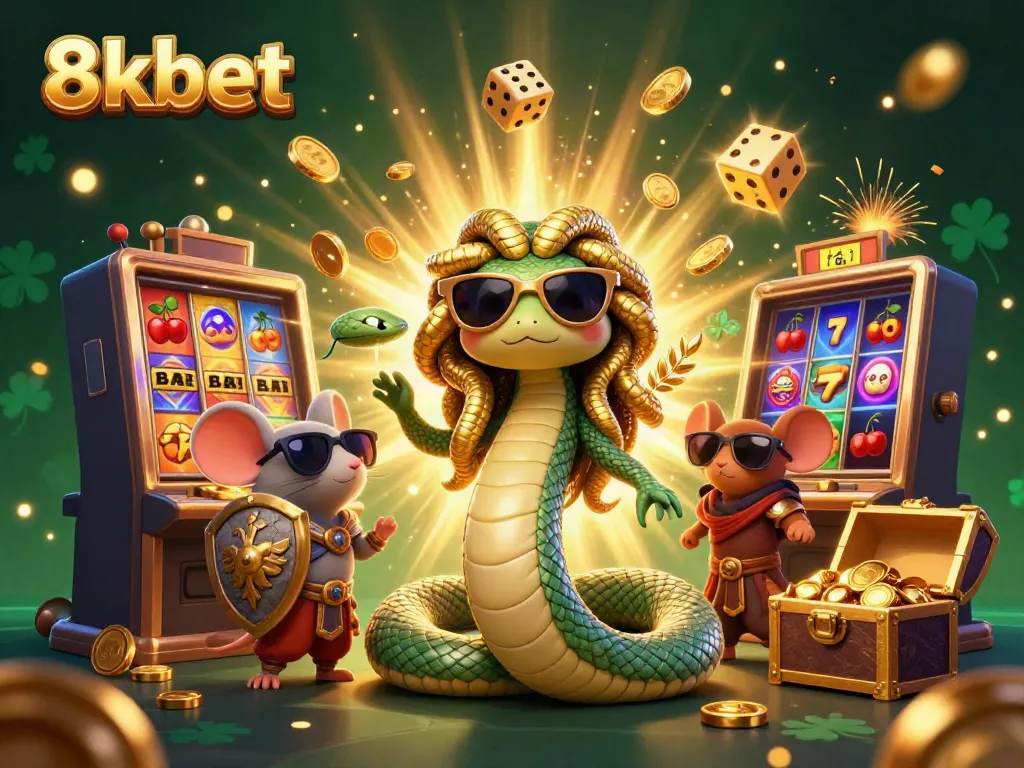 Engage in thrilling 8xbet gaming with 3D Medusa, slot machines, and vibrant casino elements lighting up the scene.