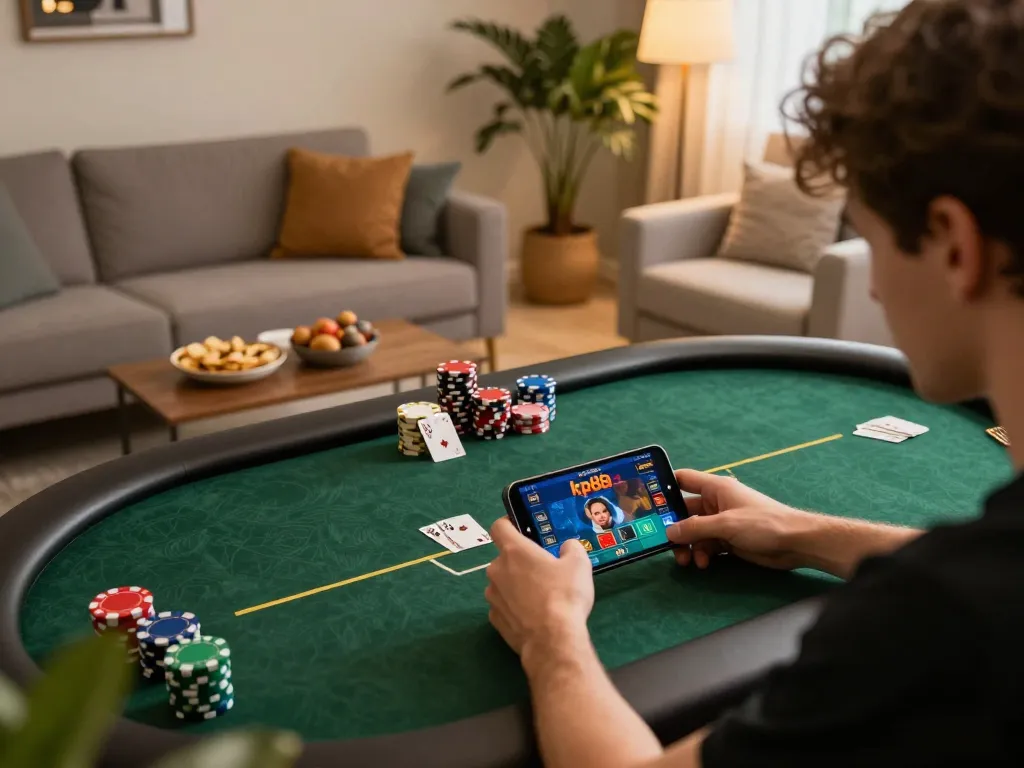 Player engaged in kp88 casino mobile poker game, cozy living room setting with warm lighting and snacks.