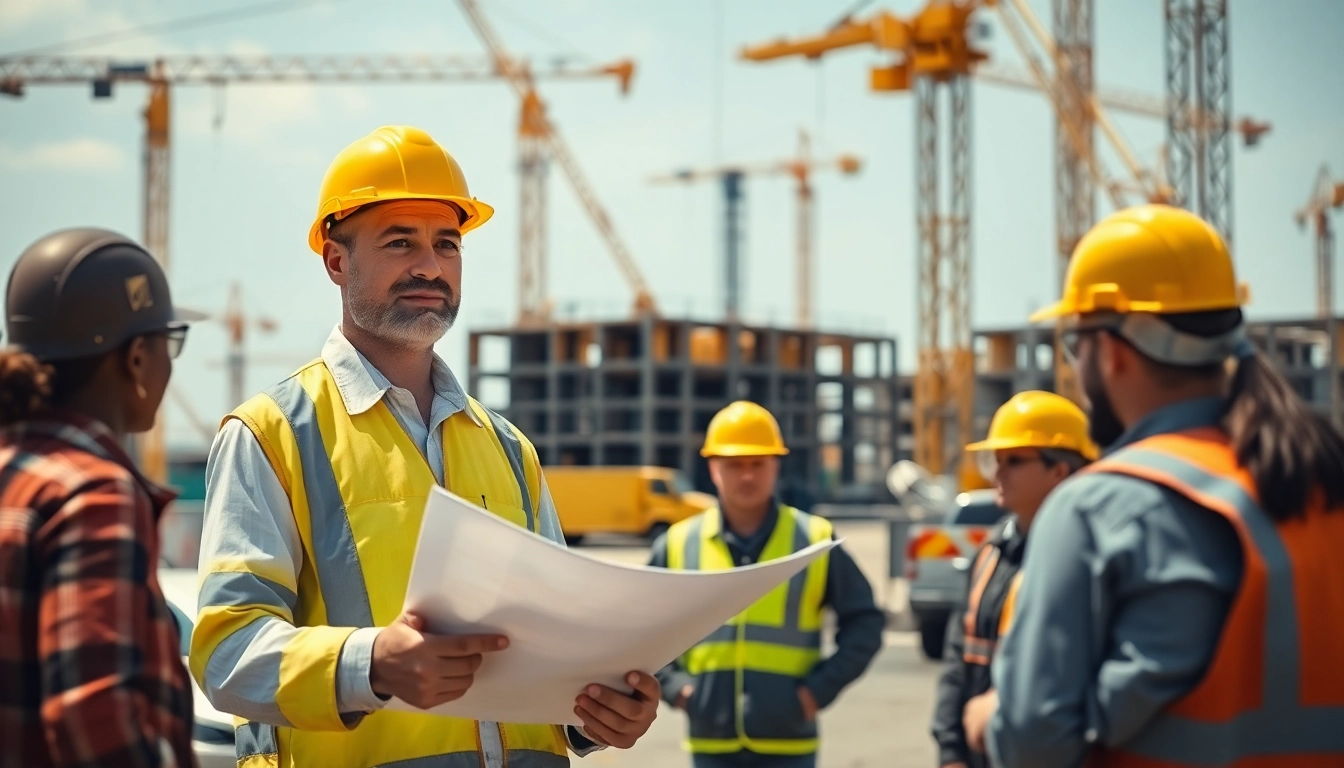 New Jersey Construction Manager coordinating a construction site with a blueprint in hand.