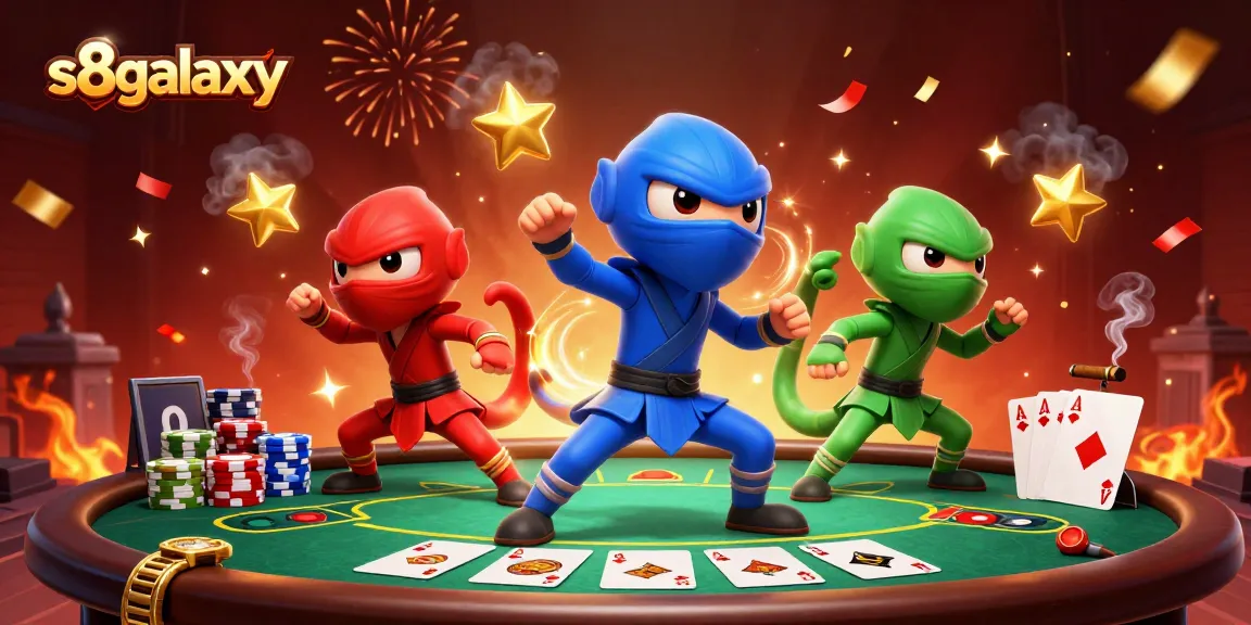 S8galaxy features a dynamic 3D illustration of ninja chameleons in action around poker elements.