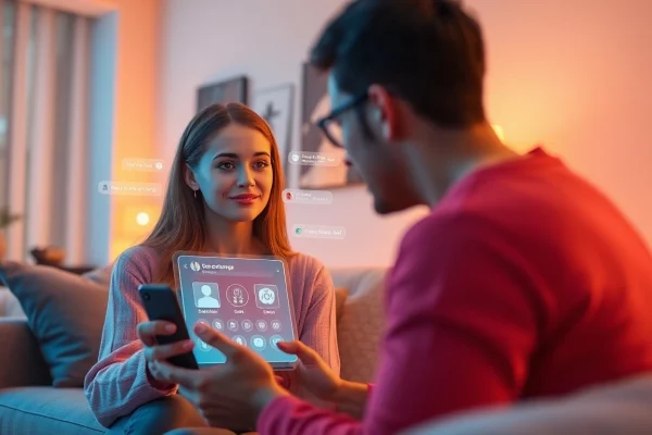 AI girlfriend engaging warmly with a user in a cozy digital space.