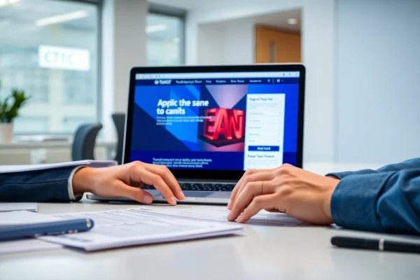 Fill out the eta uk application form with focus and organization, showcasing a modern workspace.