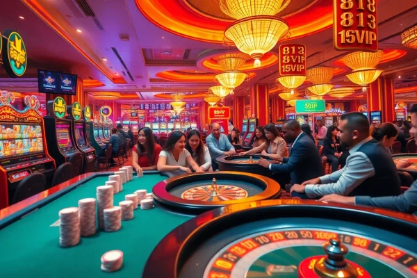 Experience the excitement of 68VIP with vibrant gaming tables and slots in a luxurious casino atmosphere.