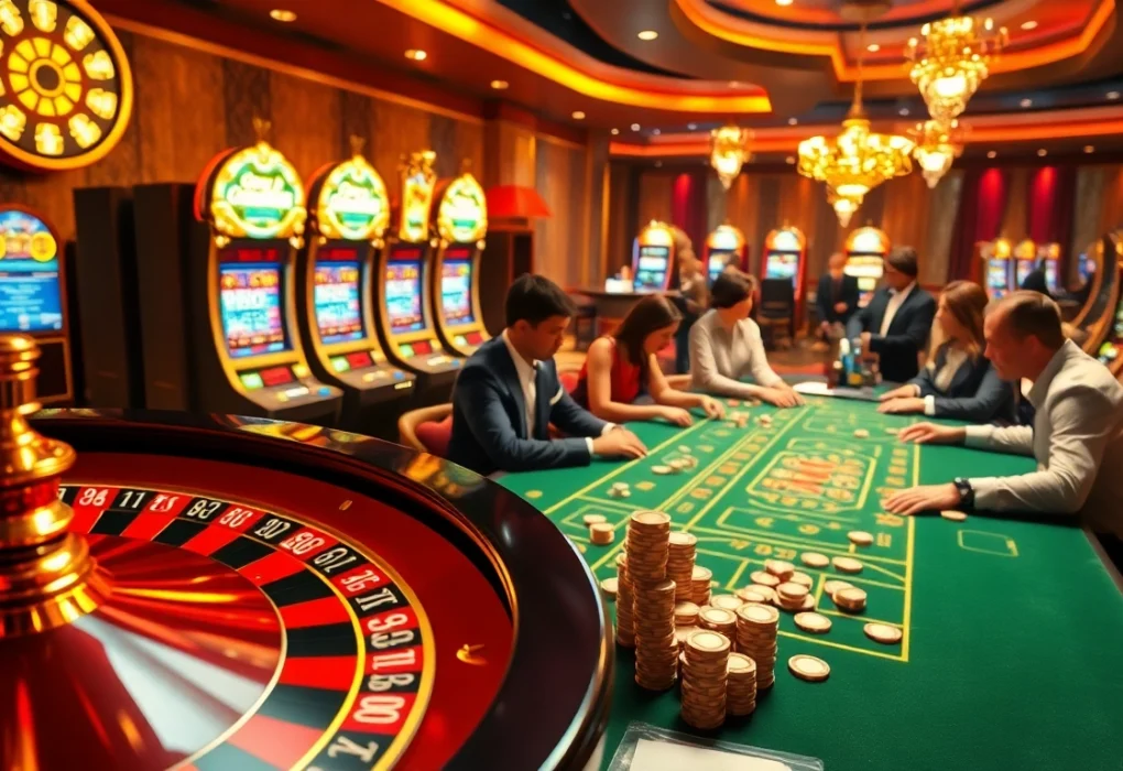 Experience exciting gameplay at https://jbo.center/ with a luxurious casino atmosphere featuring a poker table and spinning roulette wheel.