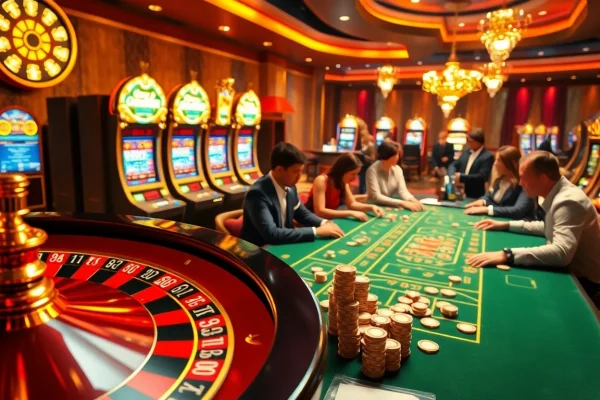 Experience exciting gameplay at https://jbo.center/ with a luxurious casino atmosphere featuring a poker table and spinning roulette wheel.